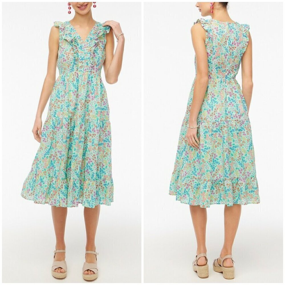 💕J. CREW💕 Printed V-Neck Smocked Midi Dress ~ Fresh Spearmint Floral Print 8